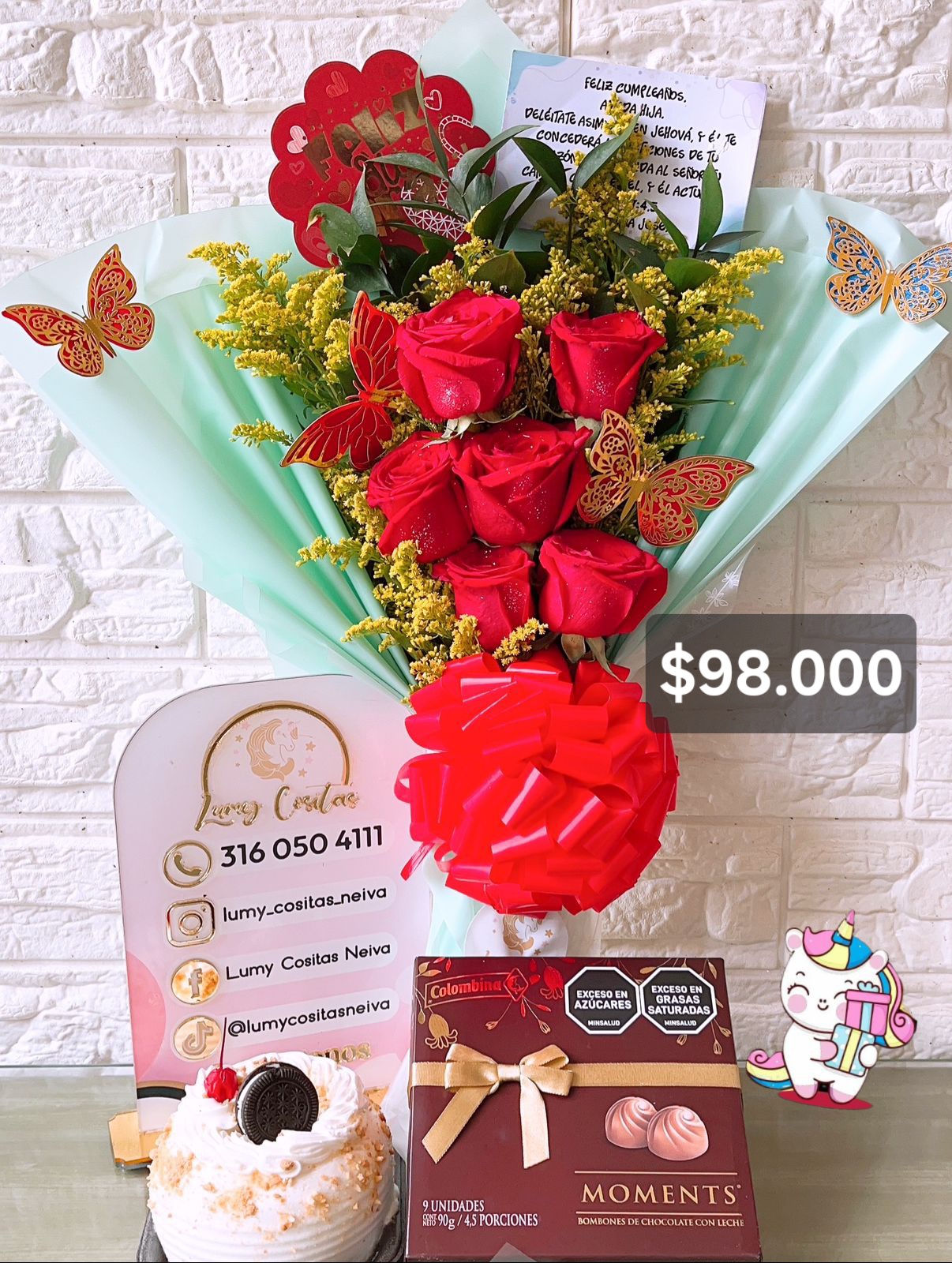 01. FLORES NATURALES 🌹 $98.000🌹 RAMO DE FLORES, CHOCOLATES Y MINI TORTA.